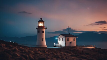 lighthouse at dusk Lighthouse at nighttime. Japanese sea. 