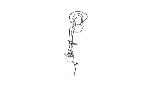 One continuous line drawing of someone who is gardening in his field by harvesting fruit, cleaning weeds and watering the plants video illustration. Gardening activity illustration in simple linear.