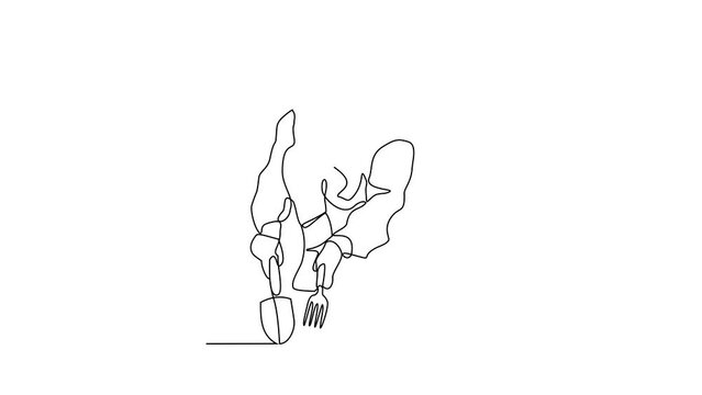 One continuous line drawing of someone who is gardening in his field by harvesting fruit, cleaning weeds and watering the plants video illustration. Gardening activity illustration in simple linear.