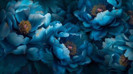 Naklejka na ściany i meble Peony flowers art in the blue dark shade painting Botanical Floral with Abstract Background