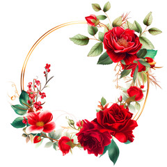 Red Floral wreath with gold circle frame, Floral bouquet