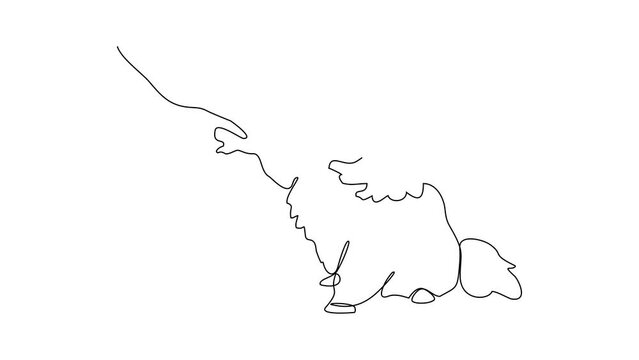 Animated self drawing of someone is playing with their pet by hugging and carrying it in video illustration. Playing with pets activity illustration in simple linear style video design concept.