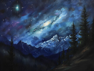 Starry Night Over Snow-Capped Peaks: Nocturnal Mountain Landscape with Colorful Milky Way - Concept of Tranquil Nature, Cosmic Beauty, and Adventure