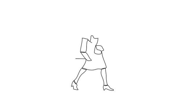 Animated self drawing of a woman is shopping and carrying bags of her shopping in the store video illustration. woman shopping activity illustration in simple linear style video design concept.