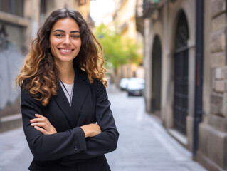 Portrait of a young happy pretty smiling professional business woman, happy confident positive female entrepreneur standing outdoor on street arms crossed, looking at camera