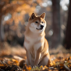 Graceful Shiba Inu Dog in Serene Autumn Scene, Noble and Attentive Expression - Concept of Tranquility, Loyalty, and Autumnal Peace for graphy