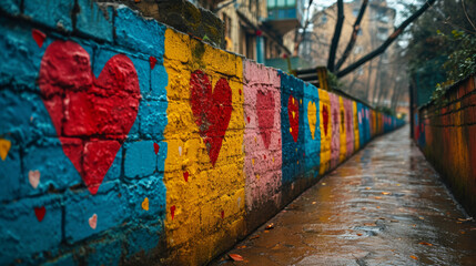 Fototapeta premium Row of Hearts on a Colorful Alleyway Wall