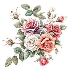 Floral illustration featuring delicate roses and leaves on a white backdrop