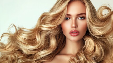 Obraz premium Beauty blonde girl with long and shiny wavy hair . Beautiful woman model with curly hairstyle . Fashion, cosmetics and makeup