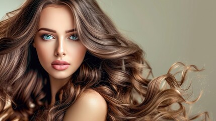 Fototapeta premium Beauty girl with long and shiny wavy Hair ,coloring and toning, shatush and balayash . Beautiful woman model with curly hairstyle