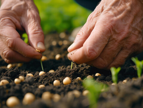 Closeup of 2 hands planting a seed