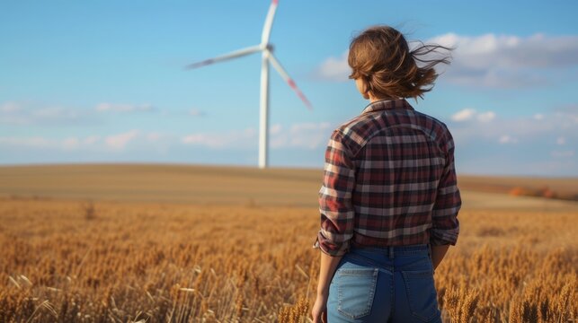 Woman with hand in pocket looking at wind turbine 