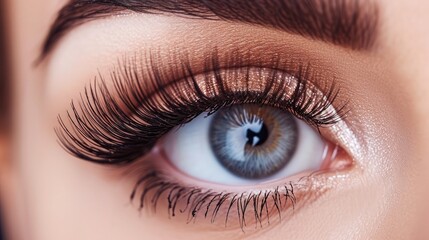 Female Eye with Extreme Long False Eyelashes Eyelash Extensions Makeup Cosmetics Beauty Close up Macro - obrazy, fototapety, plakaty