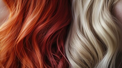 Fototapeta premium Hair set woman color coloring, hair care, styling and hairstyle blonde and red color, texture