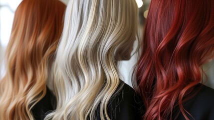 Fototapeta premium Hair set woman color coloring, hair care, styling and hairstyle blonde and red color, texture