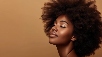 Natural, black woman and hair care with beauty, smile and luxury on a brown studio background. Afro, hairstyle and African model with mockup space, aesthetic and shine with salon treatment and growth