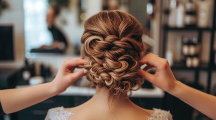 Fototapeta premium Professional stylist making wedding hairstyle for bride in salon, back view