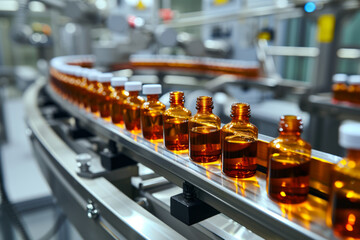 A view of a pharmaceutical production line at work, featuring medical vials and glass bottles, with pharmaceutical machines in operation.