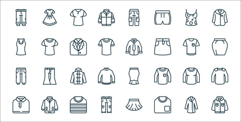 fashion and clothing line icons. linear set. quality vector line set such as coat, shirt, jeans, shirt, shirt, coat, skirt,.