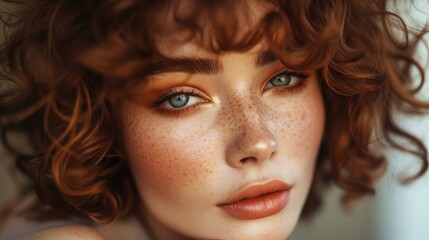 Fototapeta premium Beautiful brown haired with stylish short hairstyle. Woman with a curly hair. Beautiful young woman with freckles on face. Closeup portrait of an attractive girl with a brown makeup.