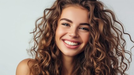 Beautiful brunette model girl with long curly hair . Smiling woman hairstyle wavy curls . Fashion , beauty and makeup portrait - obrazy, fototapety, plakaty