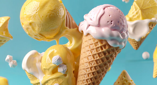 An AI generated image with floating melting ice-creams in a pastel color palette