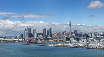 Skyline Auckland with Skytower and bay New Zealand. City. Seen from the Auckland Harbour bridge.