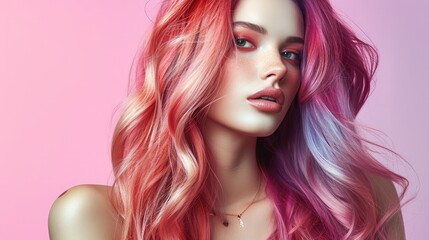Naklejka premium Beautiful model girl with elegant multi colored hairstyle . Stylish Woman with fashion hair color highlighting. Creative red and pink roots , trendy coloring.