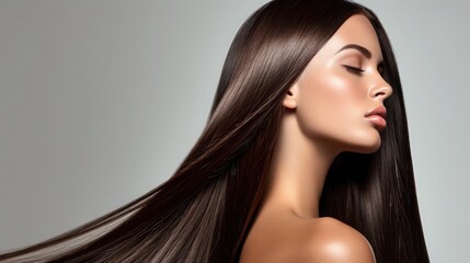Naklejka premium Beautiful model woman with shiny and straight long hair. Keratin straightening. Treatment, care and spa procedures. Beauty girl smooth hairstyle