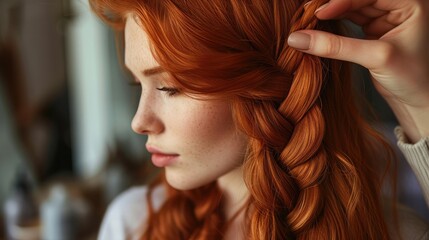 Naklejka premium Beautiful, red-haired girl with long hair, hairdresser weaves a French braid, in a beauty salon. Professional hair care and creating hairstyles.