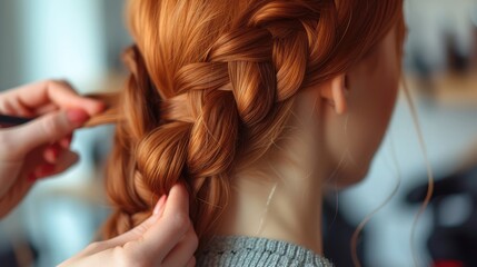 Fototapeta premium Beautiful, red-haired girl with long hair, hairdresser weaves a French braid, in a beauty salon. Professional hair care and creating hairstyles.