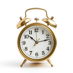 A close-up shot of a classic golden alarm clock with a timeless design, showing the time on an analog dial. The clock is isolated on a white background, creating a contrast between the monochrome tone