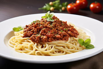 A delicious serving of classic spaghetti bolognese, garnished with fresh basil leaves. The pasta is perfectly cooked and topped with a generous portion of rich, meaty sauce, presented on a white plate