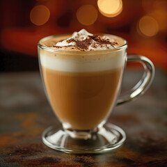 A close-up image capturing the rich texture and layers of a gourmet cappuccino topped with whipped cream and a sprinkle of cinnamon, served in an elegant glass mug.