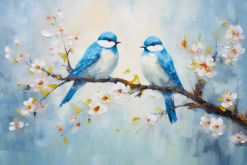 Two Blue Birds Sitting on Spring Blooming Branch Acrylic Painting. Canvas Texture, Brush Strokes.