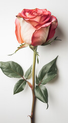 A vibrant, elegant single rose with a mix of soft pink and white petals, contrasted against a minimalist white background.