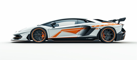 A side view of a sleek, modern supercar with sharp lines and orange accents, showcasing its aerodynamic design and luxury appeal