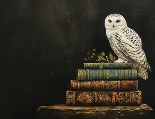 Obraz premium White Owl Sitting on Old Books Background with Copy Space