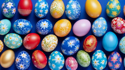 Fototapeta na wymiar Assorted Colored Eggs on a Blue Surface