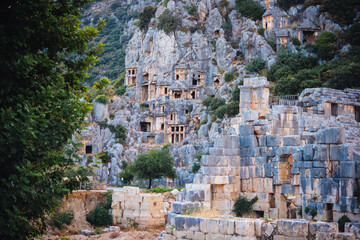 Archeological remains of the Lycian rock cut tombs in Myra, Demre, Turkey.