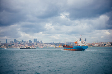 Cargo ships move along Bosphorus in Istanbul, Turkey.