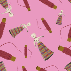 Pattern with threads and handmade dolls on pink background