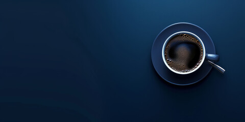 Midnight blue banner showcasing a hot coffee cup on the side, with room for your text.