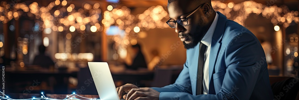 Poster modern technology with laptop device and warm bokeh background