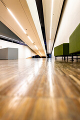 Empty green seats in the lobby inside a modern public building. Photo taken in an object lit with artificial light