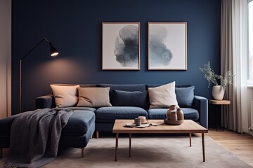 Fototapeta premium Modern living room in a Scandinavian home with a dark blue corner sofa