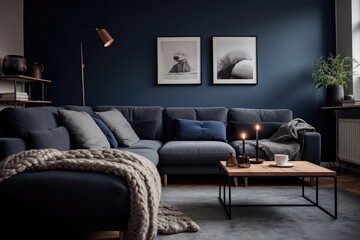 Modern living room in a Scandinavian home with a dark blue corner sofa