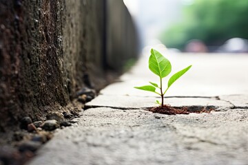 Little tree plant emerging from a crack in a concrete sidewalk - Powered by Adobe