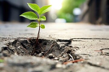 Little tree plant emerging from a crack in a concrete sidewalk