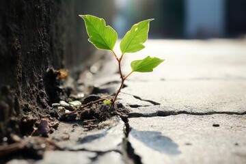 Little tree plant emerging from a crack in a concrete sidewalk
